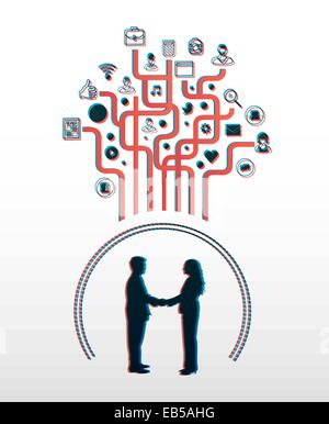 Business people shaking hands with app icons in 3d Stock Vector
