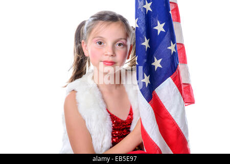a pretty little girl with a american flag on the white background Stock Photo