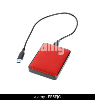 External red hard disk drive with a usb cable isolated on white ...