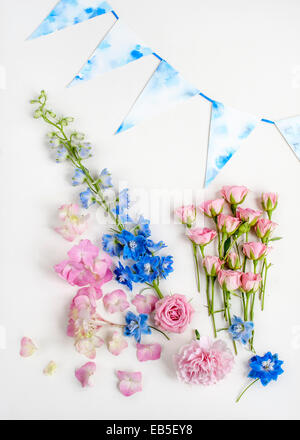 blue delphinium and pink roses, carnation and hydrangea, and bunting on white backdrop Stock Photo