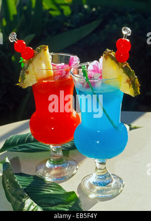 Pineapple slices, flower petals and maraschino cherries decorate colorful and refreshing tropical drinks that are popular in the Hawaiian Islands, USA. Stock Photo