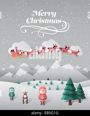 Merry Christmas message. Santa elf holding banner, cute cartoon elves ...