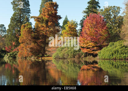 Autumnal colors changing leaves reflected in calm and serenity of peaceful mirror like lake water surface Stock Photo