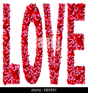 A collection of red lovers hearts forming the word love over a white background Stock Photo