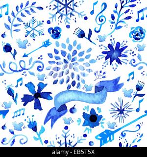 Hand drawn watercolor seamless pattern with flowers, snowflakes and elements decoration in blue. Ideal for fabric, wrapping pape Stock Photo