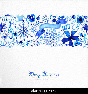 Hand drawn watercolor Christmas elements seamless pattern background. Flower, snowflakes an ribbon in blue with vintage label te Stock Photo