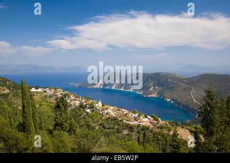 Exogi, Ithaca, Ionian Islands, Greece. View from wooded hillside above the village to Afales Bay and the distant Greek mainland. Stock Photo