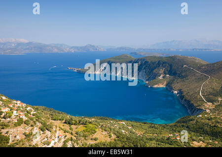 Exogi, Ithaca, Ionian Islands, Greece. View from hillside over the deep blue waters of Afales Bay to the distant Greek mainland. Stock Photo