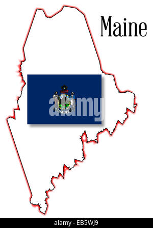 Outline map of the state of Maine over white with inset flag Stock Photo