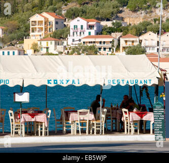 Vathy, Ithaca, Ionian Islands, Greece. Typical harbourside restaurant. Stock Photo