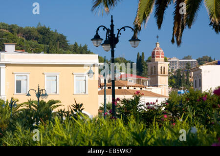 Zakynthos Town, Zakynthos, Ionian Islands, Greece. A verdant corner of the town, church bell-tower prominent. Stock Photo