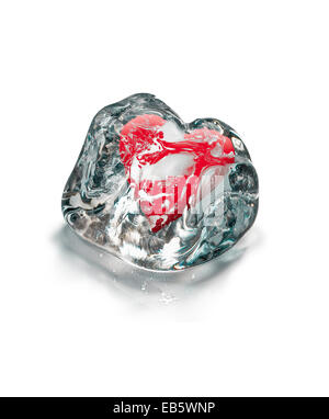 Red heart in melting ice cube isolated on white background Stock Photo