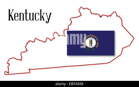 State map outline of Kentucky over a white background with flag inset Stock Photo