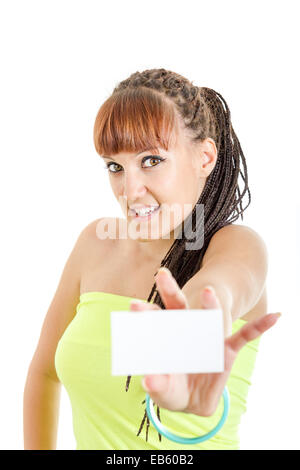 Gift card , excited cute woman or teenager girl showing empty blank paper card sign with copy space for text. Gorgeous caucasian Stock Photo