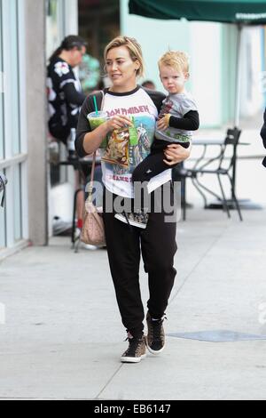 Hilary Duff takes her son Luca Comrie out to breakfast in Studio City  Featuring: Hilary Duff,Luca Comrie Where: Los Angeles, California, United States When: 24 May 2014 Stock Photo