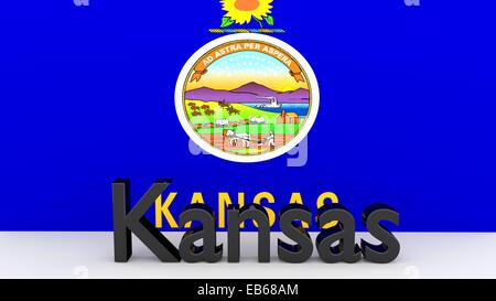 Writing with the name of the US state Kansas made of dark metal  in front of state flag Stock Photo