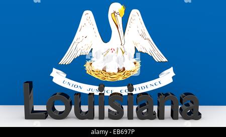 Writing with the name of the US state Louisiana made of dark metal  in front of state flag Stock Photo