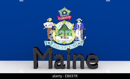 Writing with the name of the US state Maine made of dark metal  in front of state flag Stock Photo