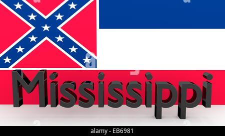 Writing with the name of the US state Mississippi made of dark metal  in front of state flag Stock Photo