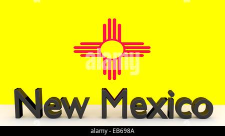 Writing with the name of the US state New Mexico made of dark metal  in front of state flag Stock Photo