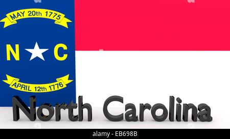 Writing with the name of the US state North Carolina made of dark metal  in front of state flag Stock Photo