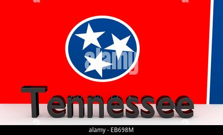 Writing with the name of the US state Tennessee made of dark metal  in front of state flag Stock Photo