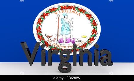 Writing with the name of the US state Virginia made of dark metal  in front of state flag Stock Photo