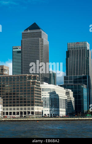 Late afternoon shot of Canary Wharf taken from the south side of the River Thames in Rotherhithe. Stock Photo