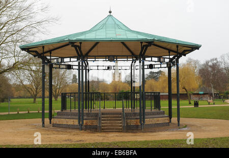 The Bandstand on the Recreation Ground with Holy Trinity Church (resting place of William Shakespeare) in the Background in Stratford upon Avon Stock Photo