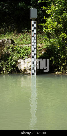 A depth Marker is showing water depth. Stock Photo