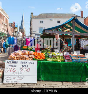 Fruit and veg market stall at Chesterfield Market, Market Place, Chesterfield, Derbyshire, England, UK Stock Photo