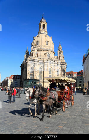 Carriage with tourists in front of Frauenkirche, Dresden, Saxony, Germany, Europe Stock Photo