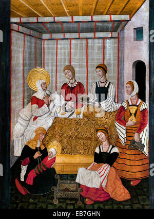 Birth of the Virgin  1475 Pedro García de Benabarre 1445-1485 Spain Spanish Medieval Gothic Art Stock Photo