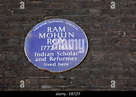 Ram Mohum Roy Indian Scholar and reformer, Blue Plaque by Greater London Council. Stock Photo