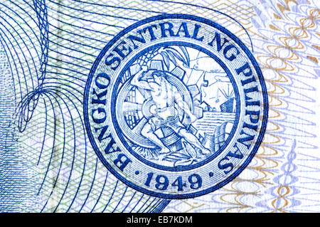 Detail from a Philippine banknote showing anti-forgery printing details and the seal of the Philippines Central Bank Stock Photo