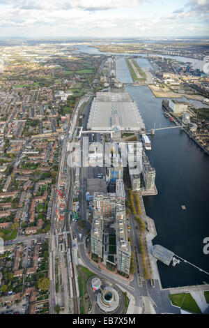 An aerial view looking away from London showing London City Airport and Excel London Stock Photo
