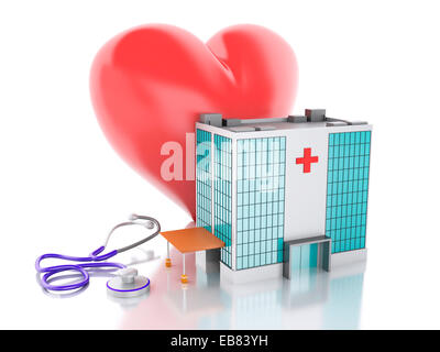 3d renderer illustration. Hospital building and red heart isolated on white background Stock Photo