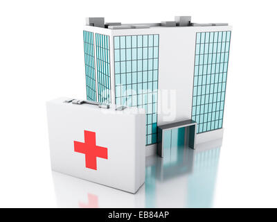 3d renderer illustration. Hospital building and first aid kit isolated white background Stock Photo