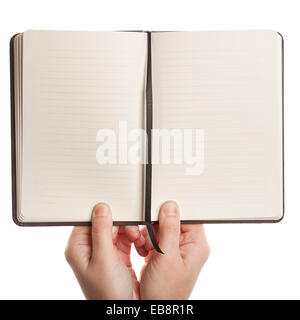 Opened book in hands isolated on white background Stock Photo