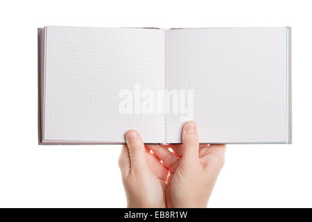 Opened book in hands isolated on white background Stock Photo