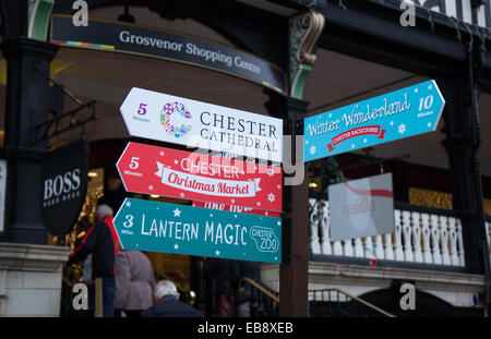 Chester, Cheshire, UK 27th November, 2014.  City centre Fingerpost directions signs for festive Christmas markets holiday shopping season, retail shops, stores, Christmas shoppers, discount sale shopping, and consumer spending considered to be the biggest shopping event of the year. Stock Photo