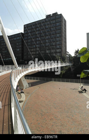 Sunny portrait, from Salford bank riverside walkway, Trinity Footbridge curving across River Irwell, Manchester Stock Photo