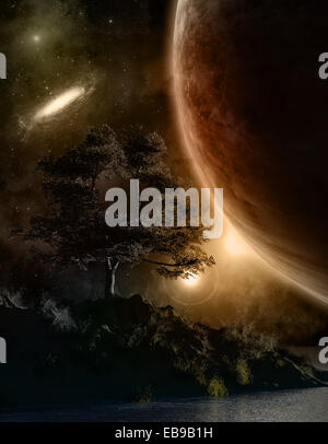 3D landscape with tree on island against a night sky with planet and galaxies Stock Photo