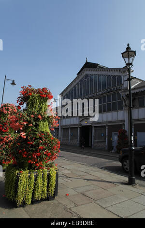 Blue sky portrait to Campfield Market MOSI Air and Space Hall red climbing fuchsia in plant pot, Lower Byrom Street, Manchester Stock Photo