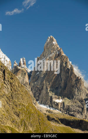 Looking towards the Les Pyramides Calcaires below Mont Blanc and Mont Blanc du Courmayeur. Stock Photo