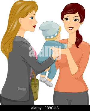 Illustration Featuring a Female Babysitter Taking a Baby From its Mother Stock Photo