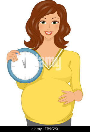 Illustration Featuring a Pregnant Woman Holding a Clock Stock Photo