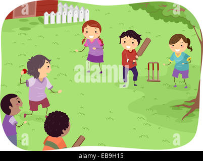 Illustration Featuring Kids Playing Cricket Stock Photo