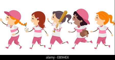 Illustration Featuring a Group of Girls Dressed in Baseball Gear Walking Across the Street Stock Photo