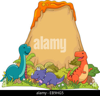 Illustration Featuring Dinosaurs Playing Near a Volcano Stock Photo